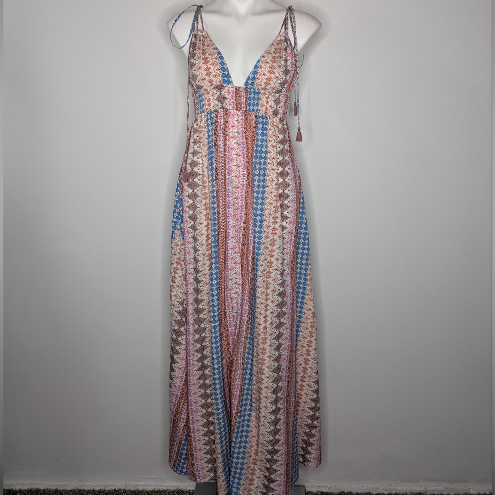 Lulus Maxin Relaxin Colorful Geometric Stripe Plunge V Neck Strappy Maxi Dress M